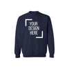 Gildan 18000 navy unisex sweatshirt mockup for DTF printing and custom design, featuring Full Service (Print, Press & Ship).
