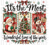 Christmas holiday panels featuring Santa, Christmas tree, and snowman with festive text, vintage distressed watercolor