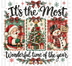 Christmas holiday panels featuring Santa, Christmas tree, and snowman with festive text, vintage distressed watercolor
