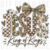 Jesus King of Kings typography with leopard print, camouflage, polka dots, checkerboard patterns, large bow, and daisies,