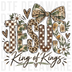 Jesus King of Kings typography with leopard print, camouflage, polka dots, checkerboard patterns, large bow, and daisies,