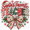 Christmas teacher graphic with Santa hat, patterned lettering, and festive coquette bow, illustrated patterned typography