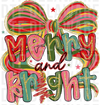 Merry and Bright Christmas design with a large coquette bow and glitter accents, retro bubbly with glitter textures DTF