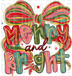 Merry and Bright Christmas design with a large coquette bow and glitter accents, retro bubbly with glitter textures DTF