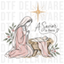 Nativity scene with Mary praying over baby Jesus in a manger with the Star of Bethlehem, line art with watercolor wash DTF