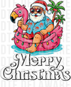 Santa Claus in a Hawaiian shirt riding a pink flamingo pool float with Christmas lights, cartoon vector illustration with