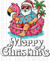 Santa Claus in a Hawaiian shirt riding a pink flamingo pool float with Christmas lights, cartoon vector illustration with