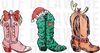 Christmas themed cowboy boots featuring a pink candy cane boot, a green Christmas tree boot with a Santa hat, and a reindeer