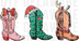 Christmas themed cowboy boots featuring a pink candy cane boot, a green Christmas tree boot with a Santa hat, and a reindeer