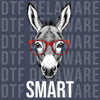 Sketch of a donkey wearing red glasses with the text SMART underneath funny smart ass DTF transfer ready to press.