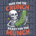 Skeleton holding a giant green pickle with text Here For The Crunch Ready For The Munch DTF transfer ready to press.