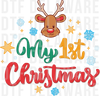 cute reindeer with snowflakes and stars for baby's first Christmas, cute cartoon vector illustration with hand-lettered