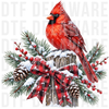 red cardinal perching on a snowy wooden post with pine branches, red buffalo plaid bow, pinecones, and winter berries,