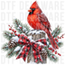 red cardinal perching on a snowy wooden post with pine branches, red buffalo plaid bow, pinecones, and winter berries,