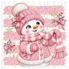 cute girl snowman in pink winter outfit with bows and gold glitter stripes, illustrated digital painting with glitter