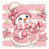 cute girl snowman in pink winter outfit with bows and gold glitter stripes, illustrated digital painting with glitter