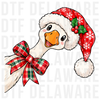 Cute Christmas goose wearing Santa hat and plaid bow, illustrated cartoon with bold outlines and vibrant colors DTF transfer
