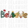 Christmas doodle letters spelling Believe with festive holiday elements, doodle cartoon with patterns DTF transfer design