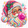 winking Santa Claus blowing a pink bubblegum bubble with colorful beaded hat and beard details, vibrant digital illustration