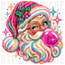winking Santa Claus blowing a pink bubblegum bubble with colorful beaded hat and beard details, vibrant digital illustration