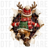 reindeer back view bursting through torn hole with Christmas winter attire, 3D realistic render, illustration, ripped paper