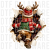 reindeer back view bursting through torn hole with Christmas winter attire, 3D realistic render, illustration, ripped paper