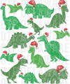 Christmas dinosaurs wearing Santa hats, hand-drawn scribble sketch DTF transfer design
