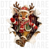 Cute Rudolph red-nosed reindeer bursting through torn paper with winter scarf and beanie, 3D digital illustration with