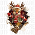 Cute Rudolph red-nosed reindeer bursting through torn paper with winter scarf and beanie, 3D digital illustration with