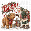 Green-suited Santa Claus booping the nose of a fluffy highland cow in a winter landscape, vintage detailed illustration DTF