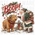 Green-suited Santa Claus booping the nose of a fluffy highland cow in a winter landscape, vintage detailed illustration DTF