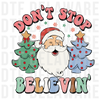 Retro Santa Claus with Christmas trees and groovy text, retro groovy cartoon DTF transfer design