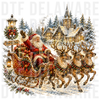 Santa Claus waving in his sleigh pulled by reindeer in a snowy village, vintage painterly illustration DTF transfer design
