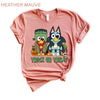 DTF Delaware - Bluey Halloween Trick or Treat Shirt - Vintage Pumpkin Witch, Spooky Season, Trick or Treat, Adult, Women, Men, Youth, Toddler, Baby Onesie, mother, mom, father, dad, vacation, trip, high quality, cute, Made in USA, cotton, graphic tee, family, Bingo, Bandit Heeler and Chilli Heeler, retro, funny, vintage, kids