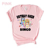 DTF Delaware - Celebrate your birthday in style with our Birthday Queen Bingo Shirt! Made with high-quality cotton and featuring the beloved cartoon character, Bingo, this tee is perfect for the whole family, including adults, women, men, youth, toddlers, and even baby onesies. Designed and made in the USA, it's a perfect gift for any Bluey fan and is perfect for your next vacation or trip. Get yours today and join the fun!