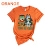 DTF Delaware - Bluey Halloween Trick or Treat Shirt - Vintage Pumpkin Witch, Spooky Season, Trick or Treat, Adult, Women, Men, Youth, Toddler, Baby Onesie, mother, mom, father, dad, vacation, trip, high quality, cute, Made in USA, cotton, graphic tee, family, Bingo, Bandit Heeler and Chilli Heeler, retro, funny, vintage, kids