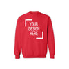 Gildan 18000 red unisex sweatshirt mockup for DTF printing and custom design, featuring Full Service (Print, Press & Ship).