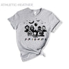 Athleti̇c-heather-colored Funny Halloween T-Shirt. Features a 'Horror Movie Friends' print design that humorously brings together popular horror movie characters.