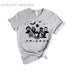 Athleti̇c-heather-colored Funny Halloween T-Shirt. Features a 'Horror Movie Friends' print design that humorously brings together popular horror movie characters.