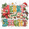 Merry and Bright festive Christmas typography with snowman, santa hat, bows, and christmas lights, whimsical illustration