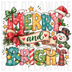 Merry and Bright festive Christmas typography with snowman, santa hat, bows, and christmas lights, whimsical illustration
