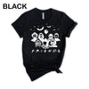 Black-colored Funny Halloween T-Shirt. Features a 'Horror Movie Friends' print design that humorously brings together popular horror movie characters.