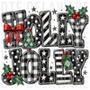 HOLLY JOLLY text in patterned black and white block letters with red bow, holly berries, and Christmas tree accent, doodle