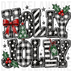HOLLY JOLLY text in patterned black and white block letters with red bow, holly berries, and Christmas tree accent, doodle