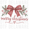 vintage dusty rose bow with Christmas greenery and berries, coquette hand-drawn sketch pencil texture DTF transfer design