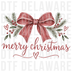 vintage dusty rose bow with Christmas greenery and berries, coquette hand-drawn sketch pencil texture DTF transfer design