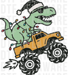 Christmas T-Rex with Santa hat and sunglasses riding a monster truck wrapped in holiday lights, hand-drawn cartoon doodle