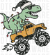 Christmas T-Rex with Santa hat and sunglasses riding a monster truck wrapped in holiday lights, hand-drawn cartoon doodle