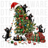 Playful black kittens decorating a Christmas tree with Santa hat and presents, Hand-drawn illustration with detailed