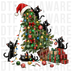 Playful black kittens decorating a Christmas tree with Santa hat and presents, Hand-drawn illustration with detailed